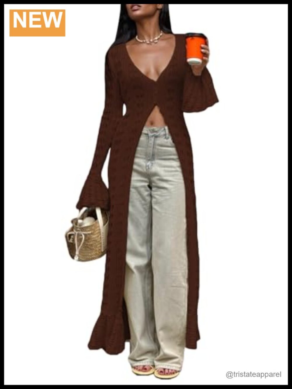 Long Crochet Cardigan Bell Sleeve Ruffle Lightweight Duster Sweater Beach Cover